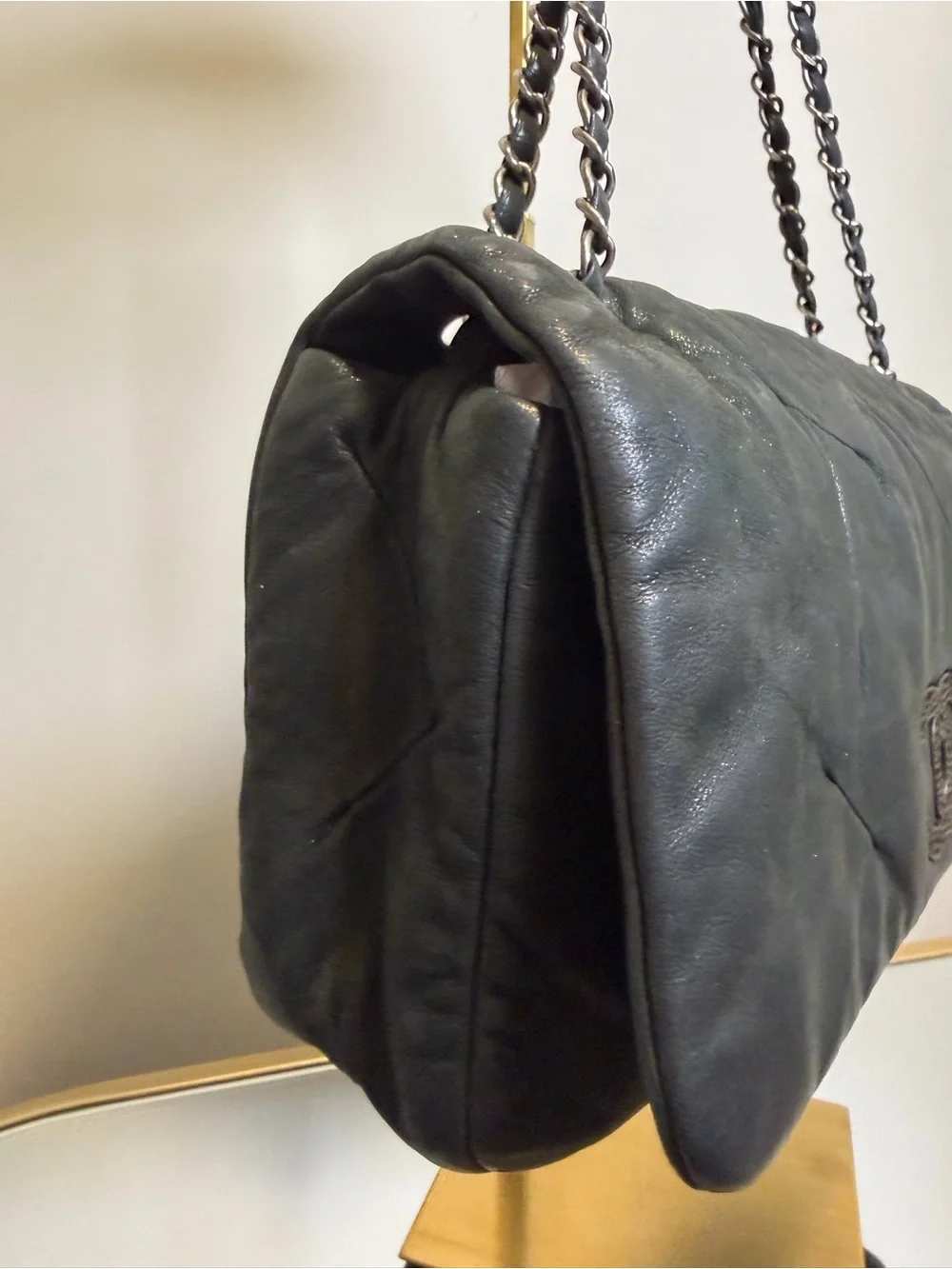 CHANEL Glint Flap Bag Dark Gray Iridescent Calfskin East West w/ COA